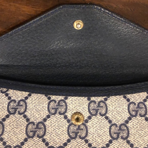 M GUCCI GG Monogram Navy Blue Leather Accent Long Bifold Wallet Vintage - Picture 5 of 17